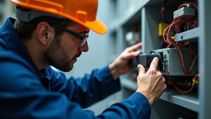 Close-up view of an inspector examining HVAC system components