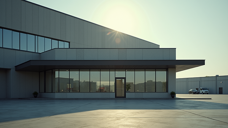Eye-level view of a commercial building exterior with visible roof and windows